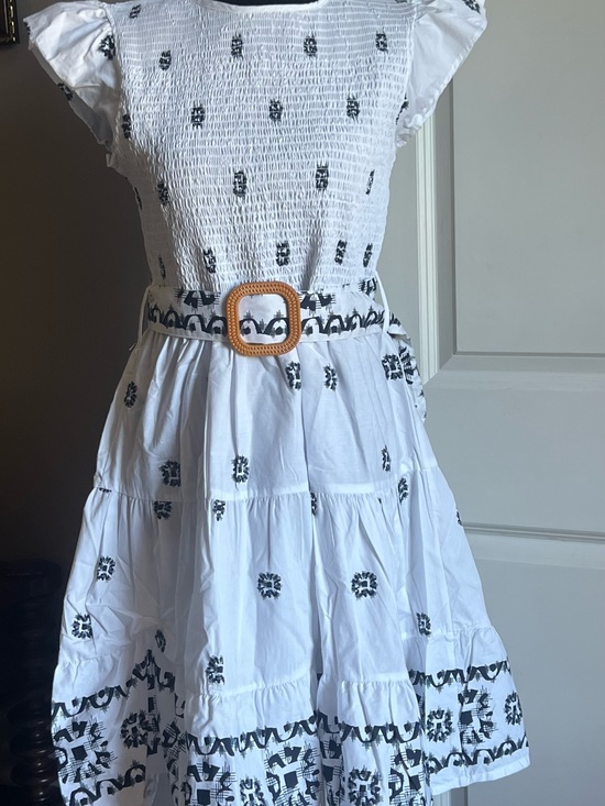 Lapogee Dresses & Skirts - White Smocked Midi Dress with Black Embroidery and Tan Buckle Belt